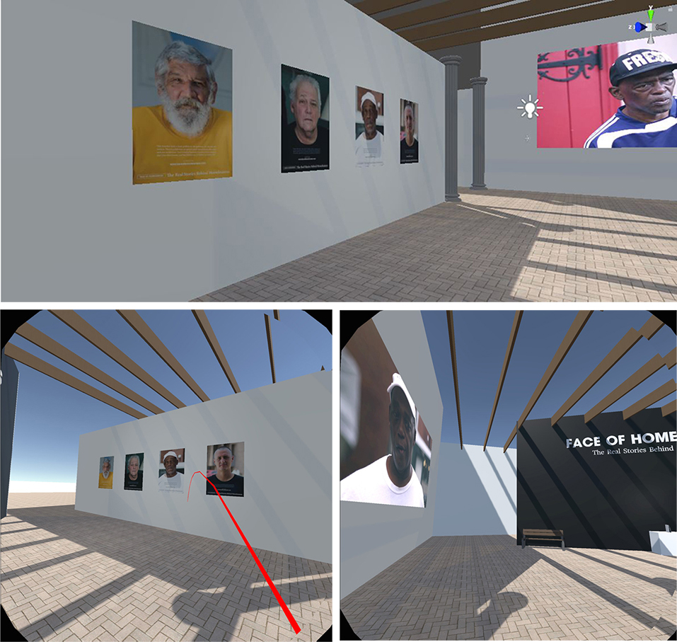 Collage of VR spaces with posters from Face of Homelessness