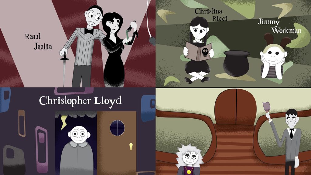 A montage featuring characters inspired by "The Addams Family" movie, highlighting the actors from the original film. The overall palette is muted with shades of gray and splashes of brown, adding to the gothic atmosphere typical of the Mid-Century modern art movement.