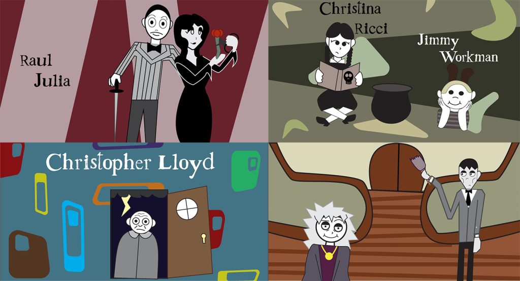 A montage featuring characters inspired by "The Addams Family" movie, highlighting the actors from the original film. The overall palette is muted with shades of gray and splashes of brown, adding to the gothic atmosphere typical of the Mid-Century modern art movement.