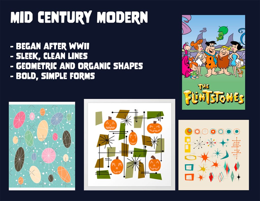 Slide showing various artworks and explaining the essential visual characteristics of the mid-century modern art movement. Text on image reads: Mid-Century Modern. Began after World War 1, sleek, clean lines, geometric and organic shapes, bold simple forms.