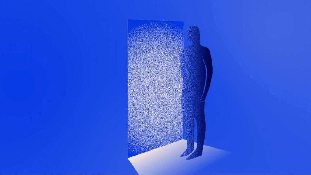 Abstract, grainy image depicting a recessed doorway with a silhouetted figure standing at the entrance. The background is predominantly blue, and the doorway is blue with speckled white grain.